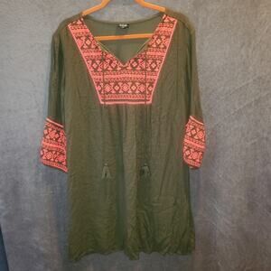 a.n.a Women’s Green Boho Tunic Dress Embroidered 3/4 Sleeve Size M